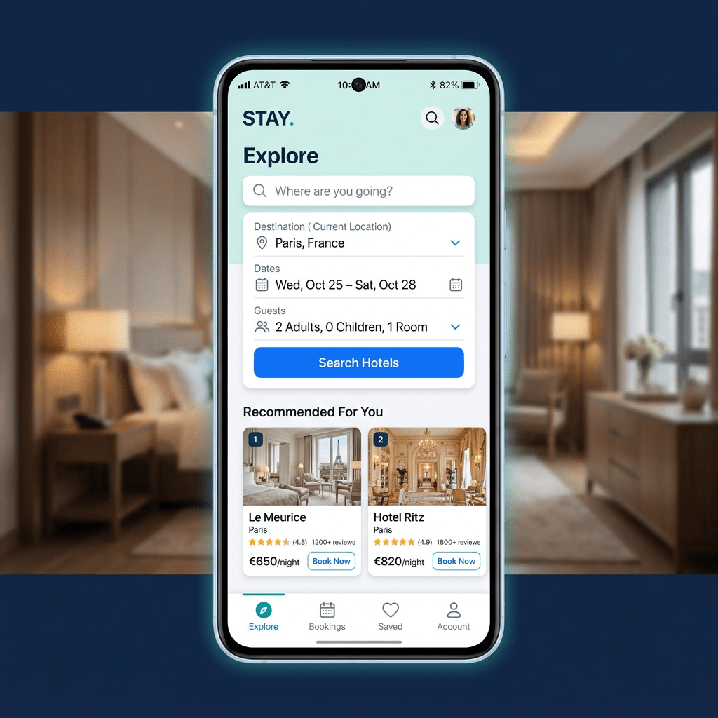 Mobile phone displaying hotel booking app with Paris destinations, dates, guests, and recommended hotels Le Meurice and Hotel Ritz.
